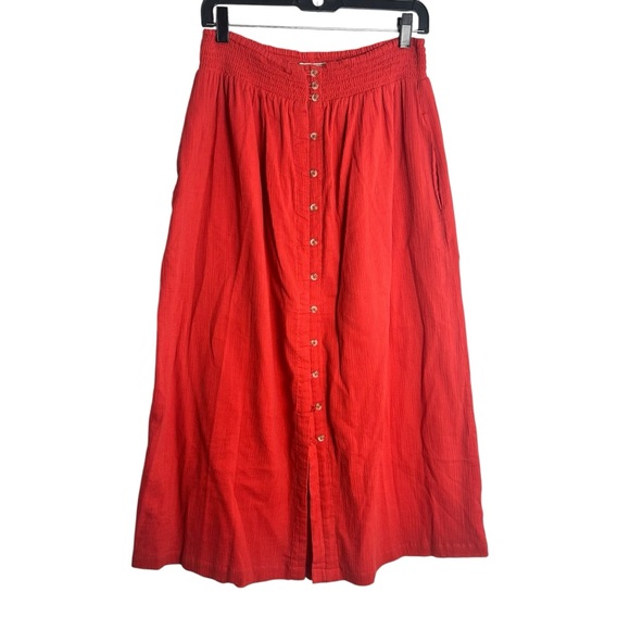 Mille Red Gauze Cotton Midi Skirt M Pockets Button Front NWOT - Picture 1 of 6